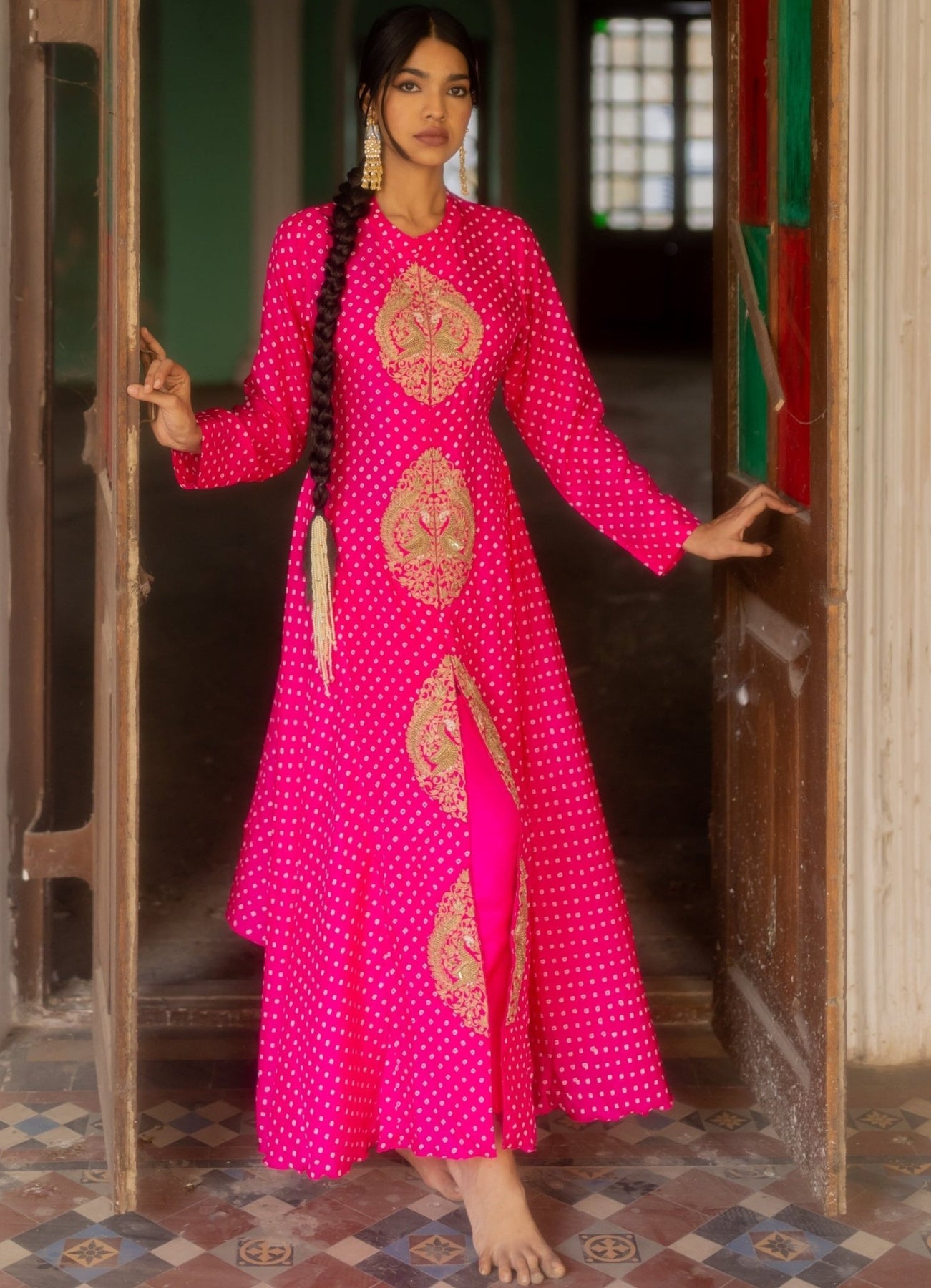 Rani Pink Bandhani Embroidered Anarkali Gown