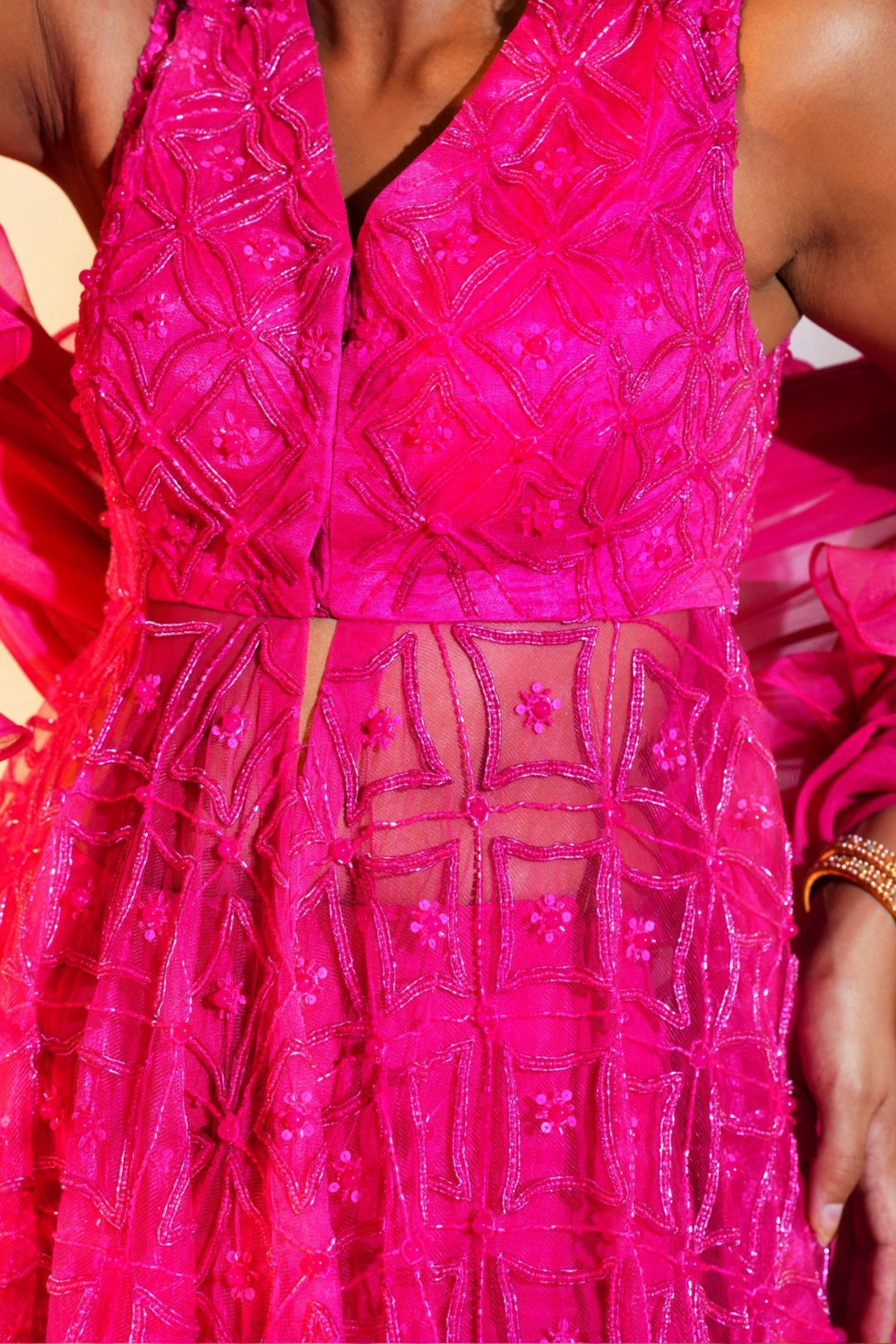 Rani Pink Embellished Net Kurta With Sharara And Ruffled Dupatta Rashika Sharma - Fabilicious Fashion