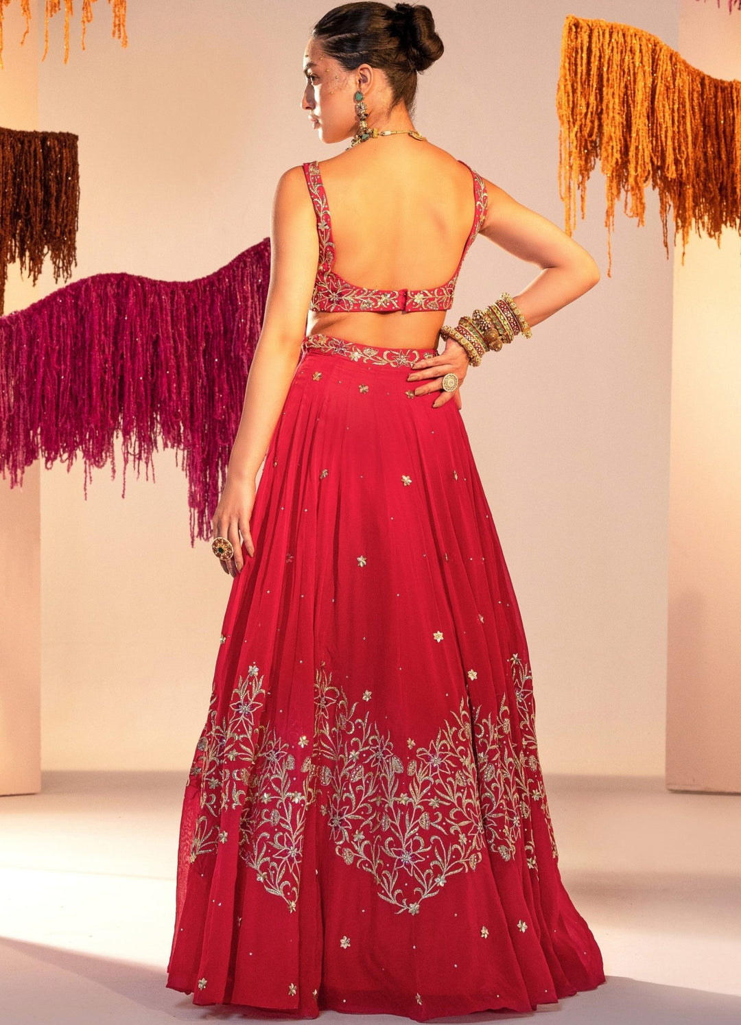 Rani Pink Embroidered Backless Blouse With Lehenga And Embroidered Dupatta Set Silky Bindra Fabilicious Fashion