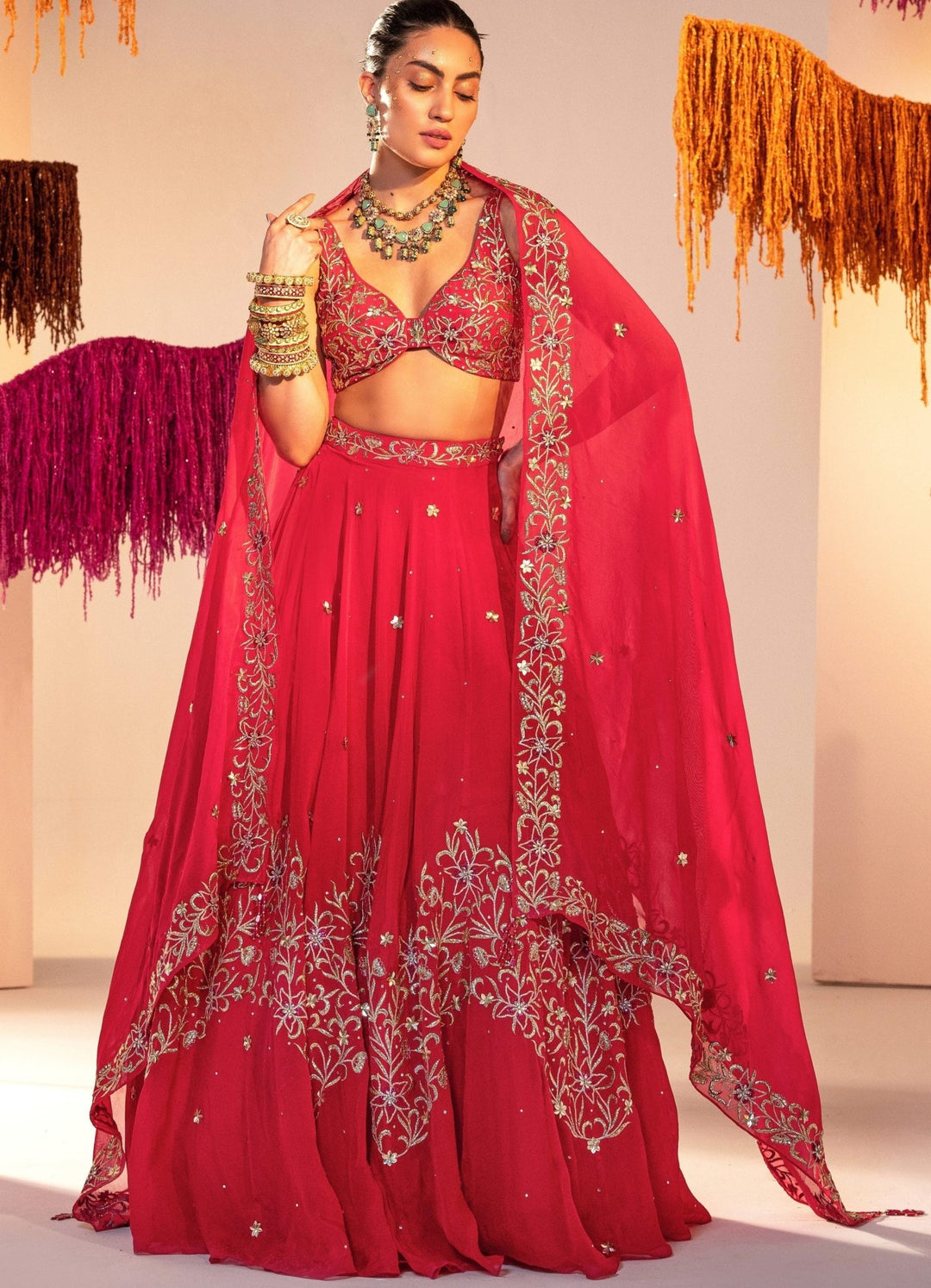 Rani Pink Embroidered Backless Blouse With Lehenga And Embroidered Dupatta Set Silky Bindra - Fabilicious Fashion