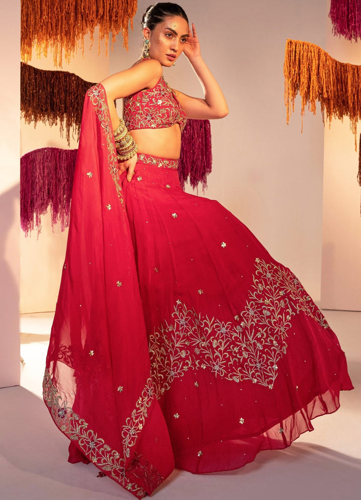 Rani Pink Embroidered Backless Blouse With Lehenga And Embroidered Dupatta Set Silky Bindra - Fabilicious Fashion