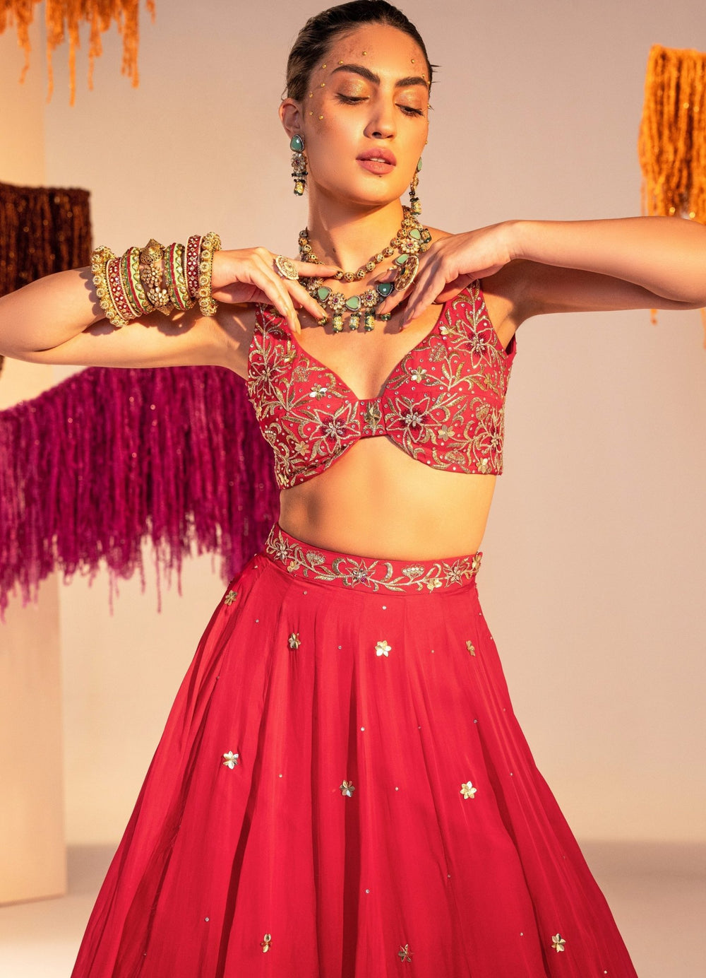 Rani Pink Embroidered Backless Blouse With Lehenga And Embroidered Dupatta Set Silky Bindra - Fabilicious Fashion