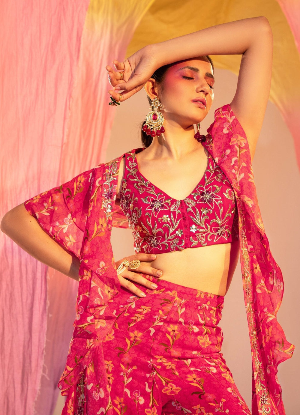 Rani Pink Embroidered Blouse And Printed Straight Pants With Frill Dupatta Set Silky Bindra - Fabilicious Fashion