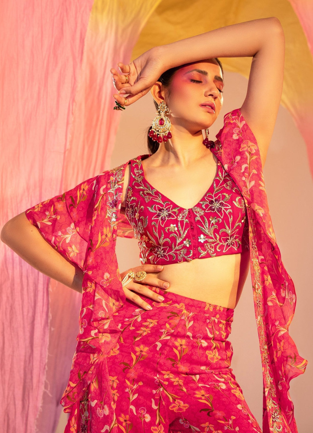 Rani Pink Embroidered Blouse And Printed Straight Pants With Frill Dupatta Set Silky Bindra - Fabilicious Fashion