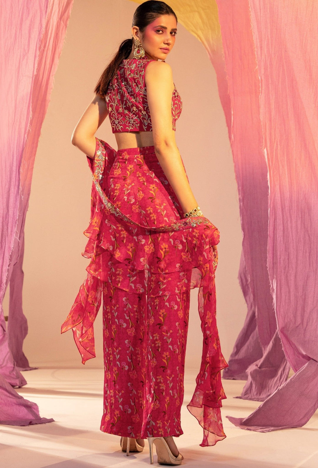 Rani Pink Embroidered Blouse And Printed Straight Pants With Frill Dupatta Set Silky Bindra - Fabilicious Fashion