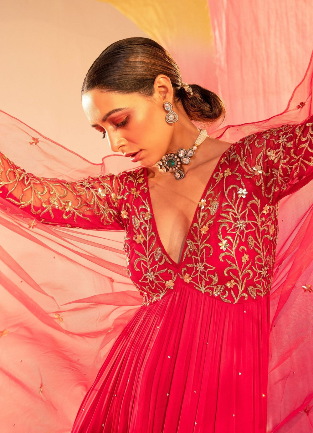Rani Pink Embroidered Full Sleeve 3 Tiered Anarkali With Dupatta Set Silky Bindra - Fabilicious Fashion