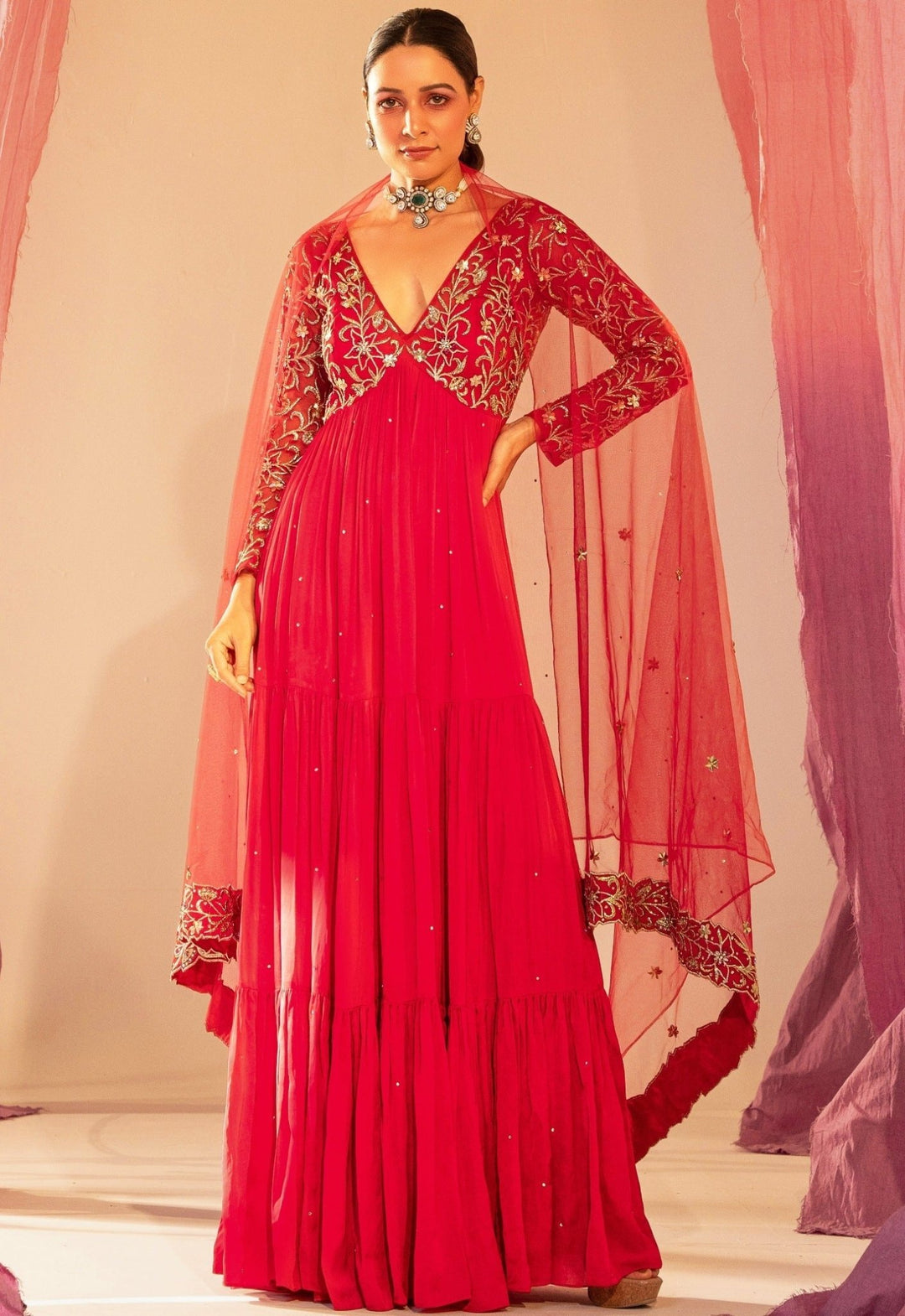 Rani Pink Embroidered Full Sleeve 3 Tiered Anarkali With Dupatta Set Silky Bindra - Fabilicious Fashion