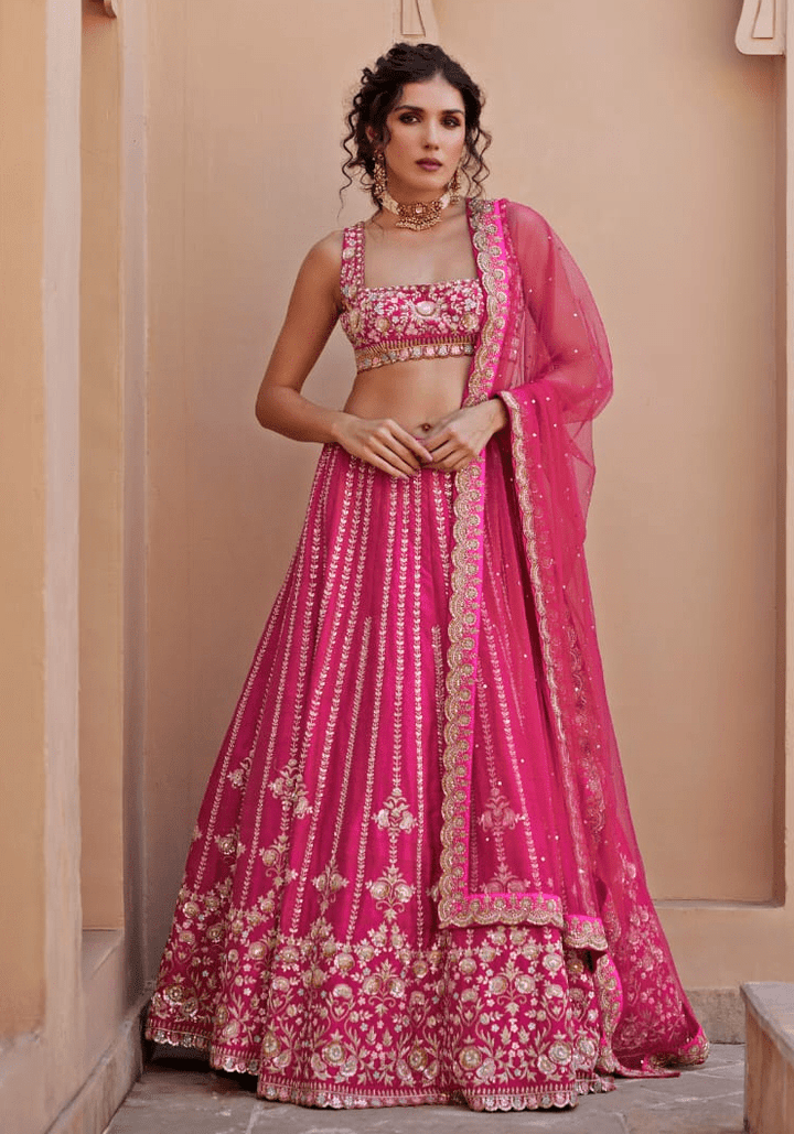 Rani Pink Embroidered Lehenga Set Chamee and Palak - Fabilicious Fashion