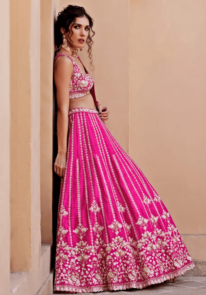 Rani Pink Embroidered Lehenga Set Chamee and Palak - Fabilicious Fashion