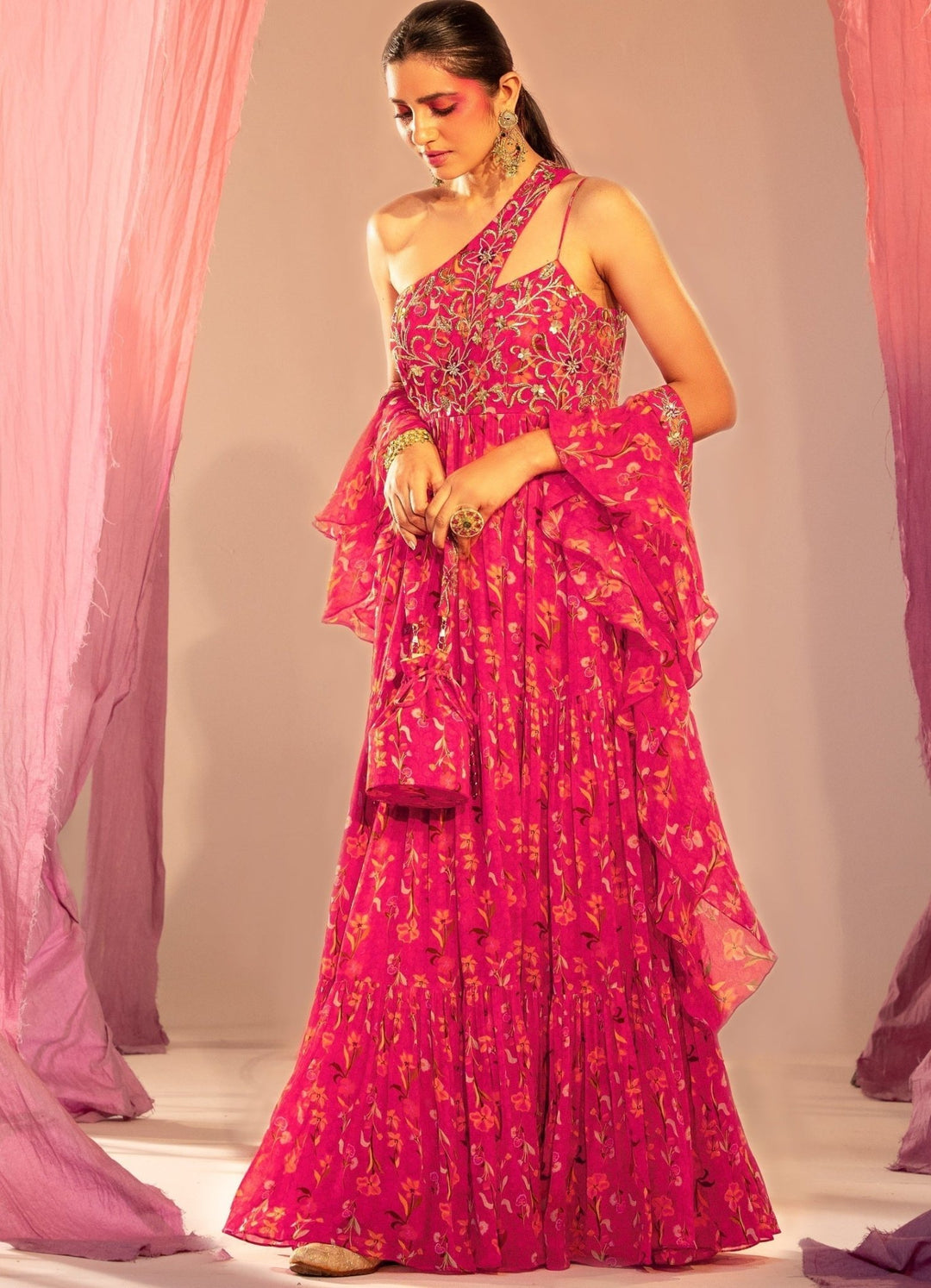 Rani Pink Embroidered One Shoulder Printed Anarkali With Frill Dupatta Set Silky Bindra - Fabilicious Fashion
