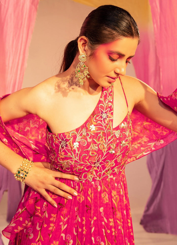 Rani Pink Embroidered One Shoulder Printed Anarkali With Frill Dupatta Set Silky Bindra - Fabilicious Fashion
