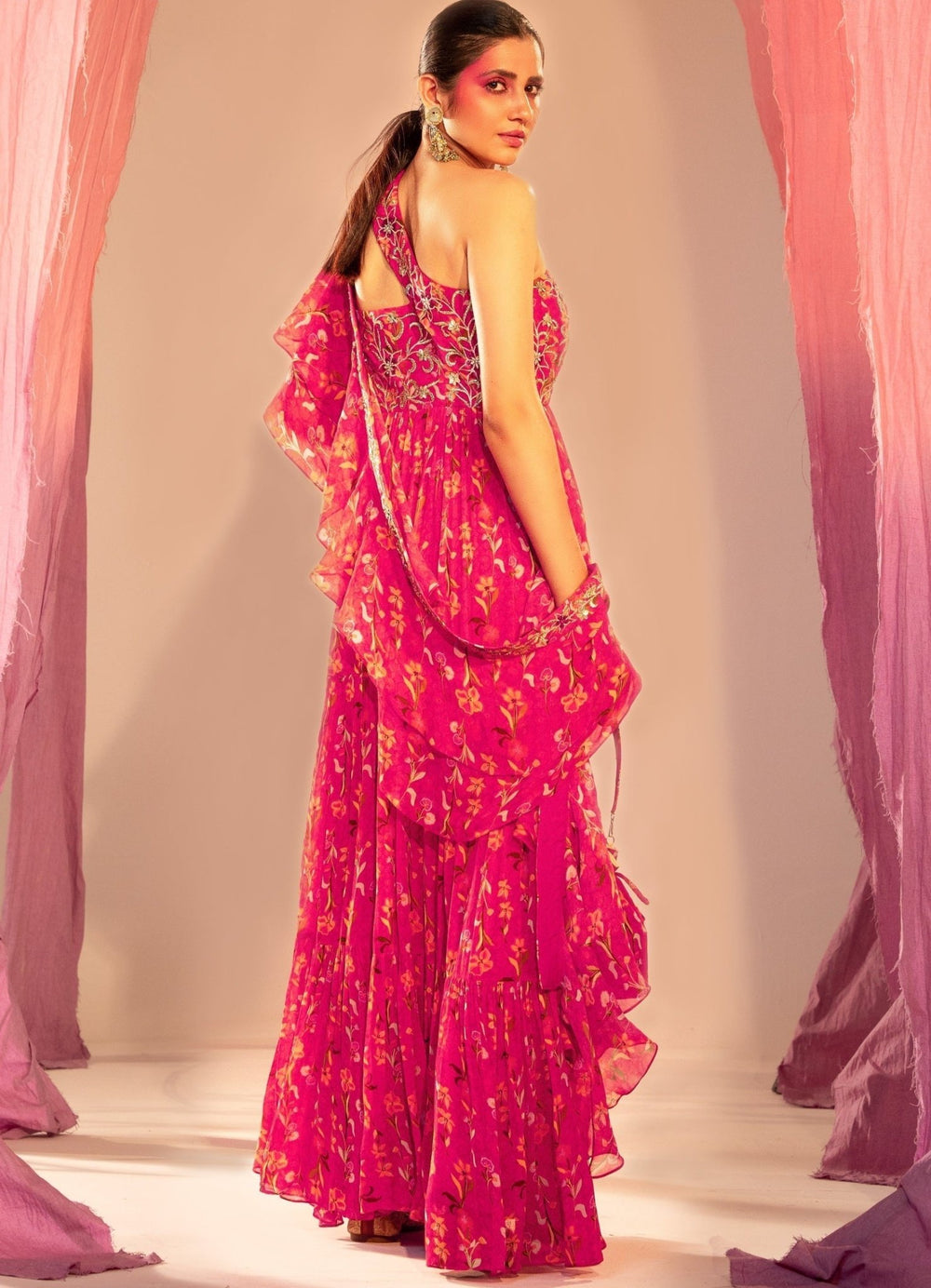 Rani Pink Embroidered One Shoulder Printed Anarkali With Frill Dupatta Set Silky Bindra - Fabilicious Fashion