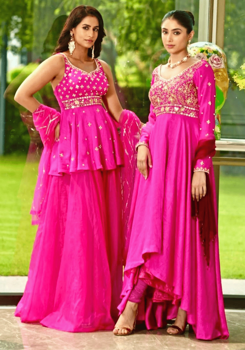 Rani Pink Embroidered Peplum Kurta Set Rashika Sharma - Fabilicious Fashion