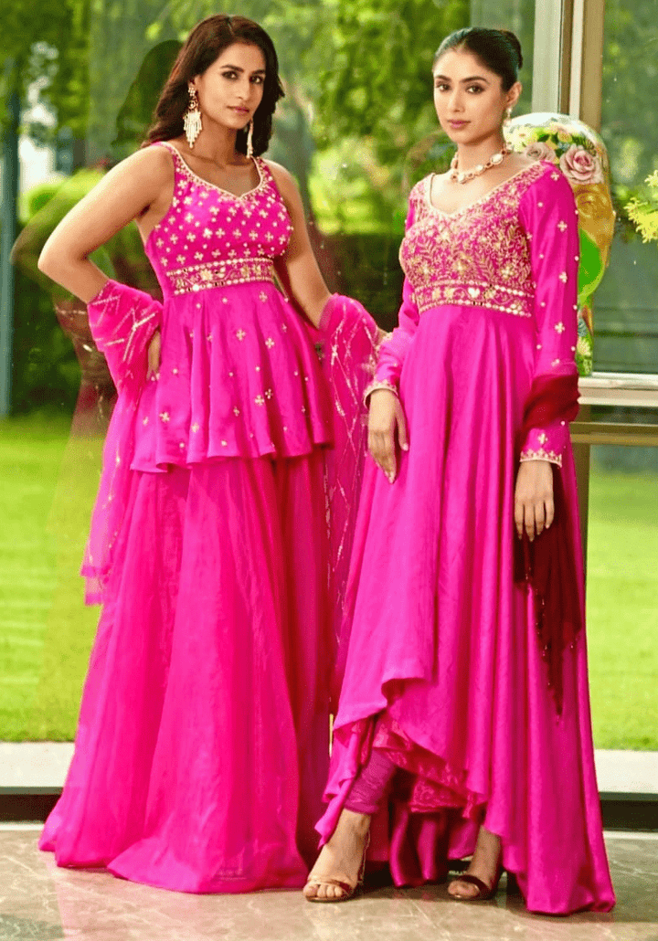 Rani Pink Embroidered Peplum Kurta Set Rashika Sharma - Fabilicious Fashion