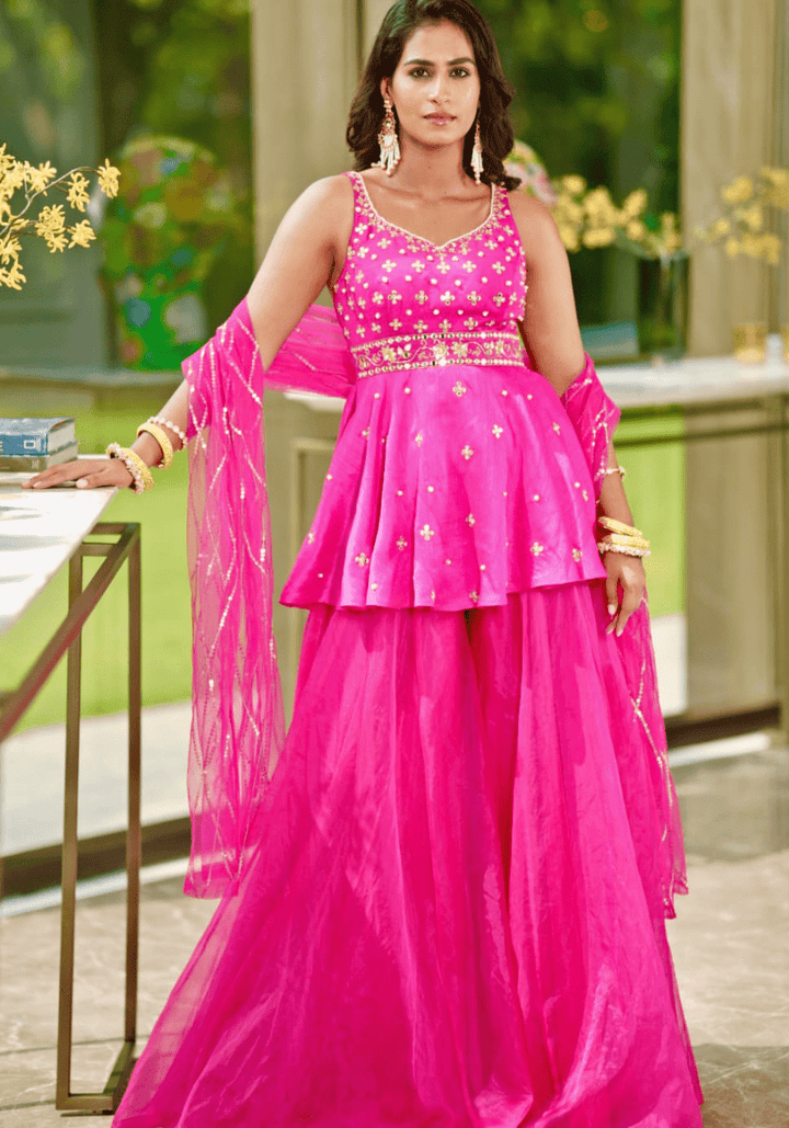 Rani Pink Embroidered Peplum Kurta Set Rashika Sharma - Fabilicious Fashion