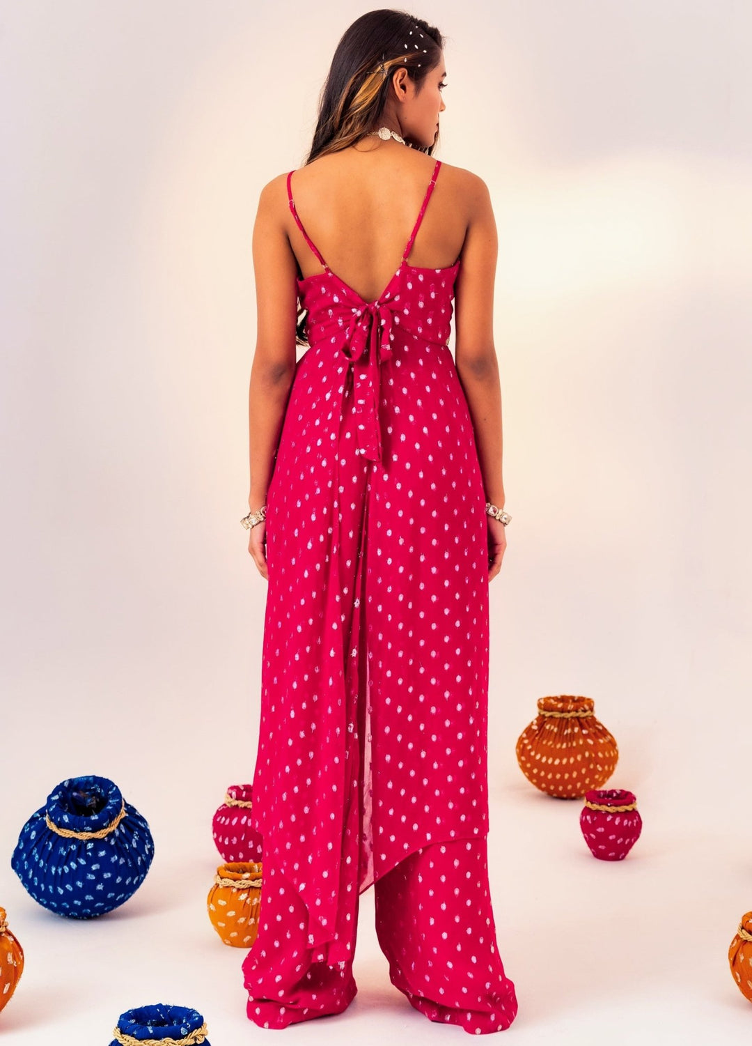 Rani Pink Floral Printed Georgette Blouse With Pant Set Silky Bindra - Fabilicious Fashion