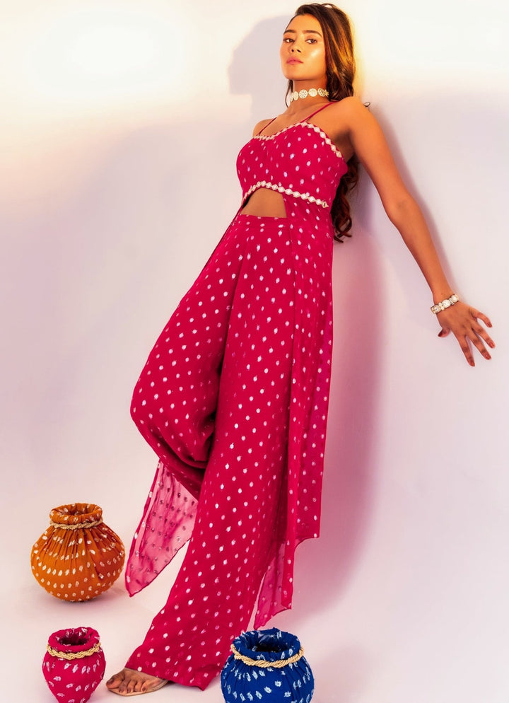 Rani Pink Floral Printed Georgette Blouse With Pant Set Silky Bindra - Fabilicious Fashion
