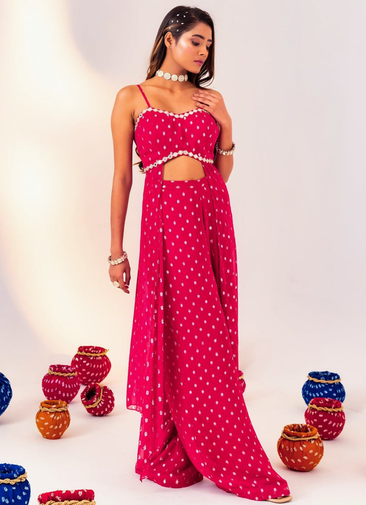 Rani Pink Floral Printed Georgette Blouse With Pant Set Silky Bindra - Fabilicious Fashion