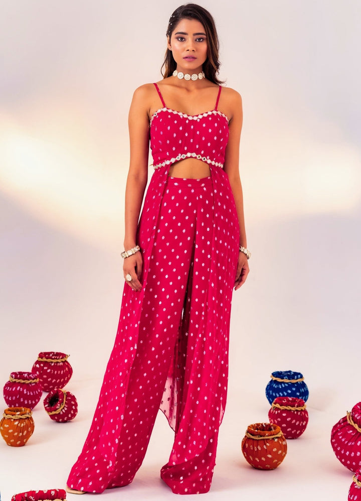 Rani Pink Floral Printed Georgette Blouse With Pant Set Silky Bindra - Fabilicious Fashion