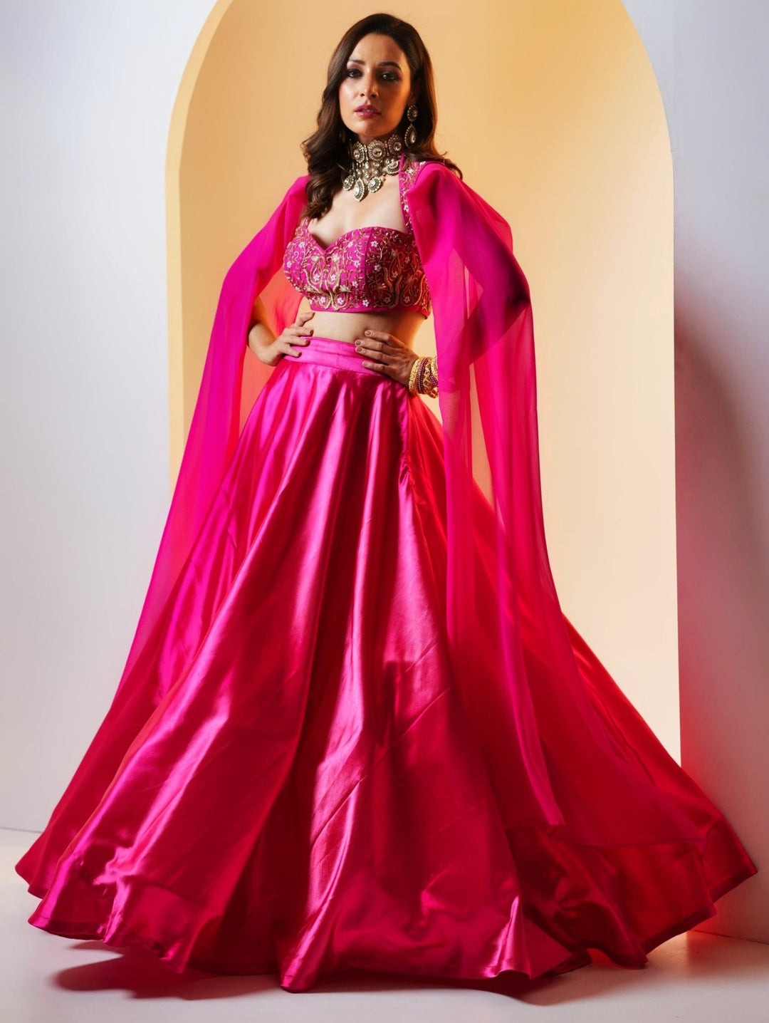 Rani Pink Kalidaar Silk Lehenga With Embellished Blouse Rashika Sharma - Fabilicious Fashion