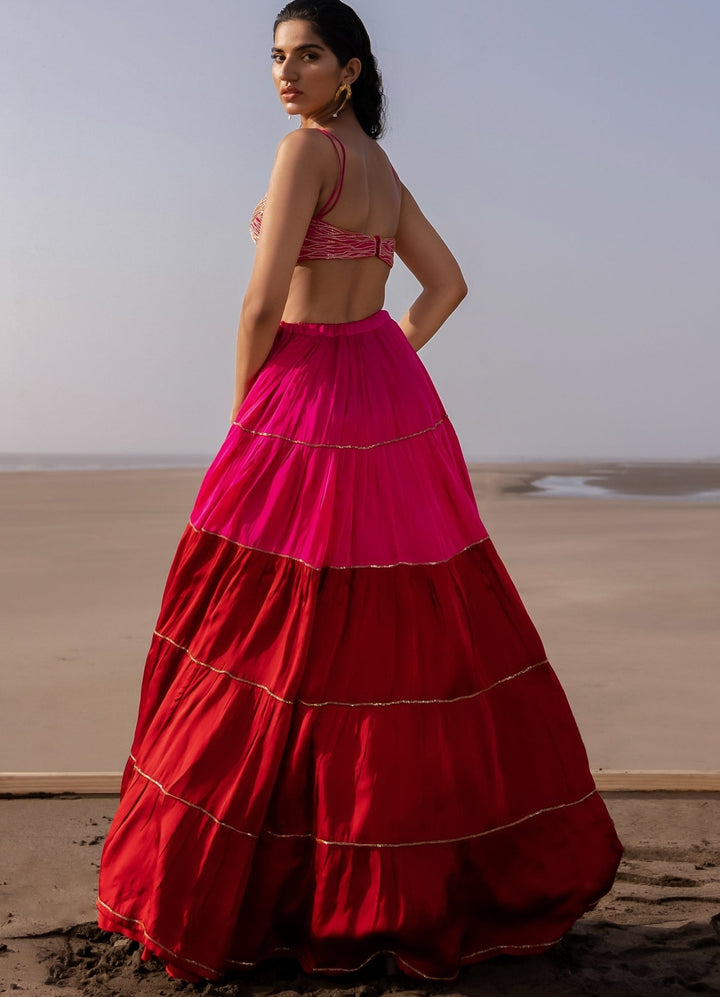 Rani Pink Layered Lehenga with Bralette And Scallop Cut-Daana Line Dupatta Ease - Fabilicious Fashion