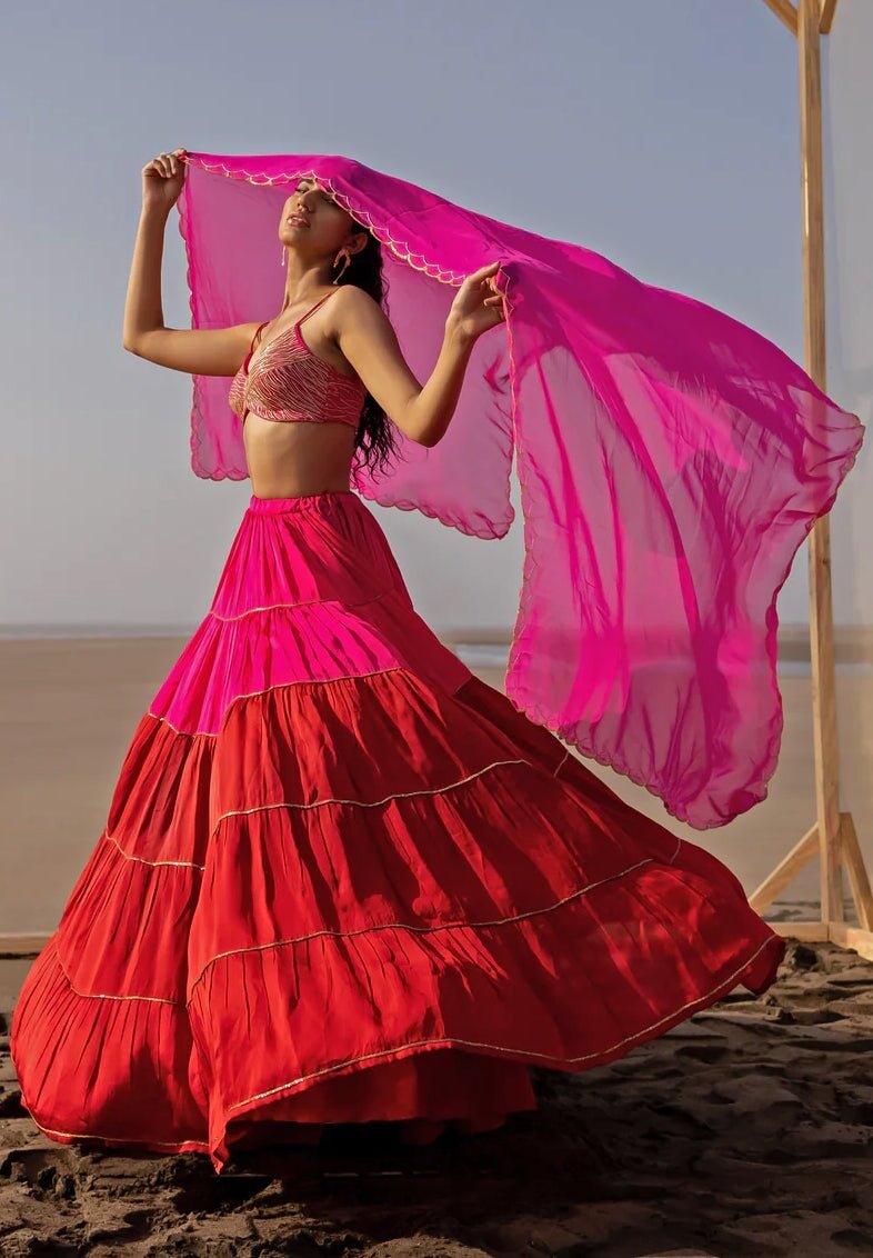Rani Pink Layered Lehenga with Bralette And Scallop Cut-Daana Line Dupatta Ease - Fabilicious Fashion