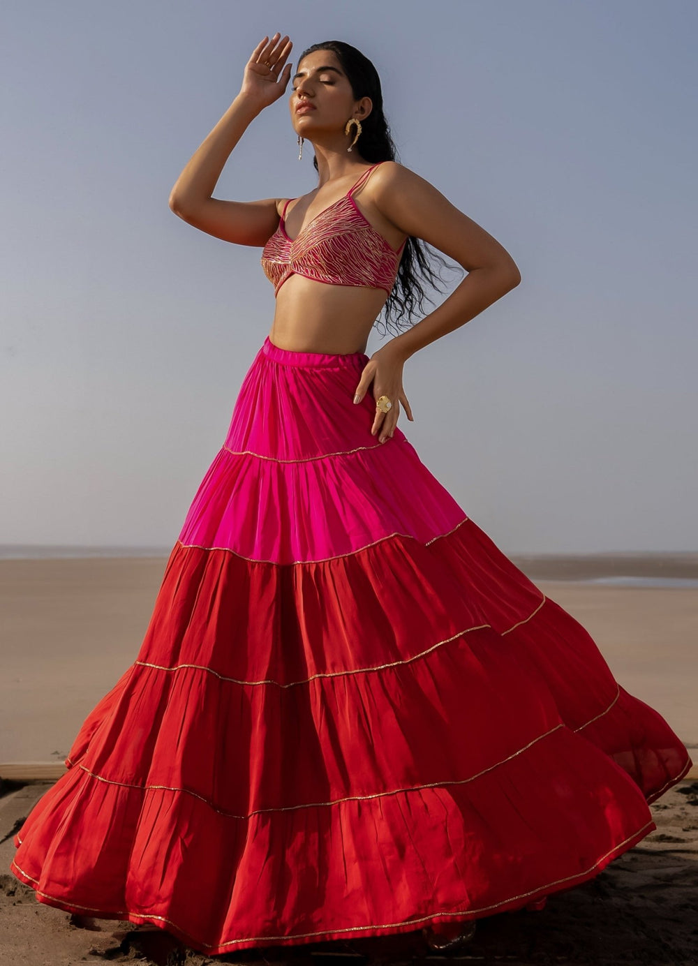 Rani Pink Layered Lehenga with Bralette And Scallop Cut-Daana Line Dupatta Ease - Fabilicious Fashion