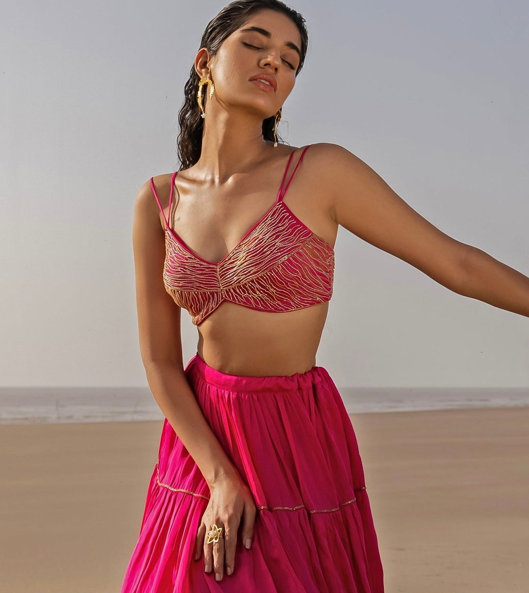 Rani Pink Layered Lehenga with Bralette And Scallop Cut-Daana Line Dupatta Ease - Fabilicious Fashion