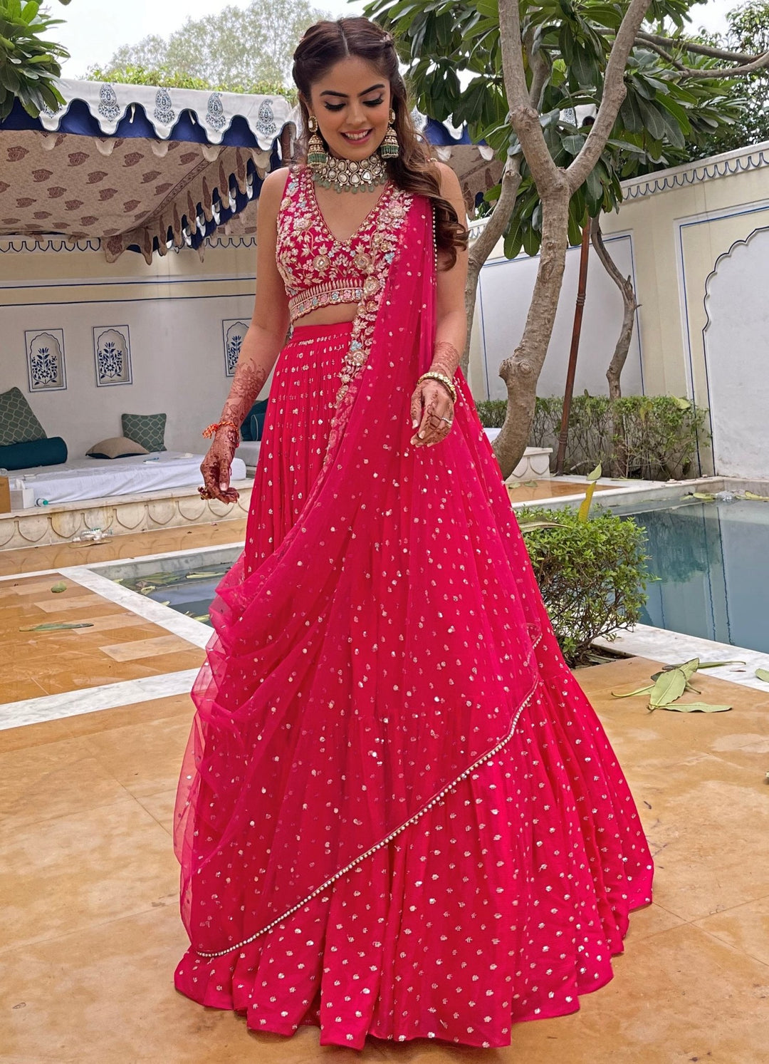Rani Pink Meadow Embroidered Lehenga Set Chamee n Palak - Fabilicious Fashion