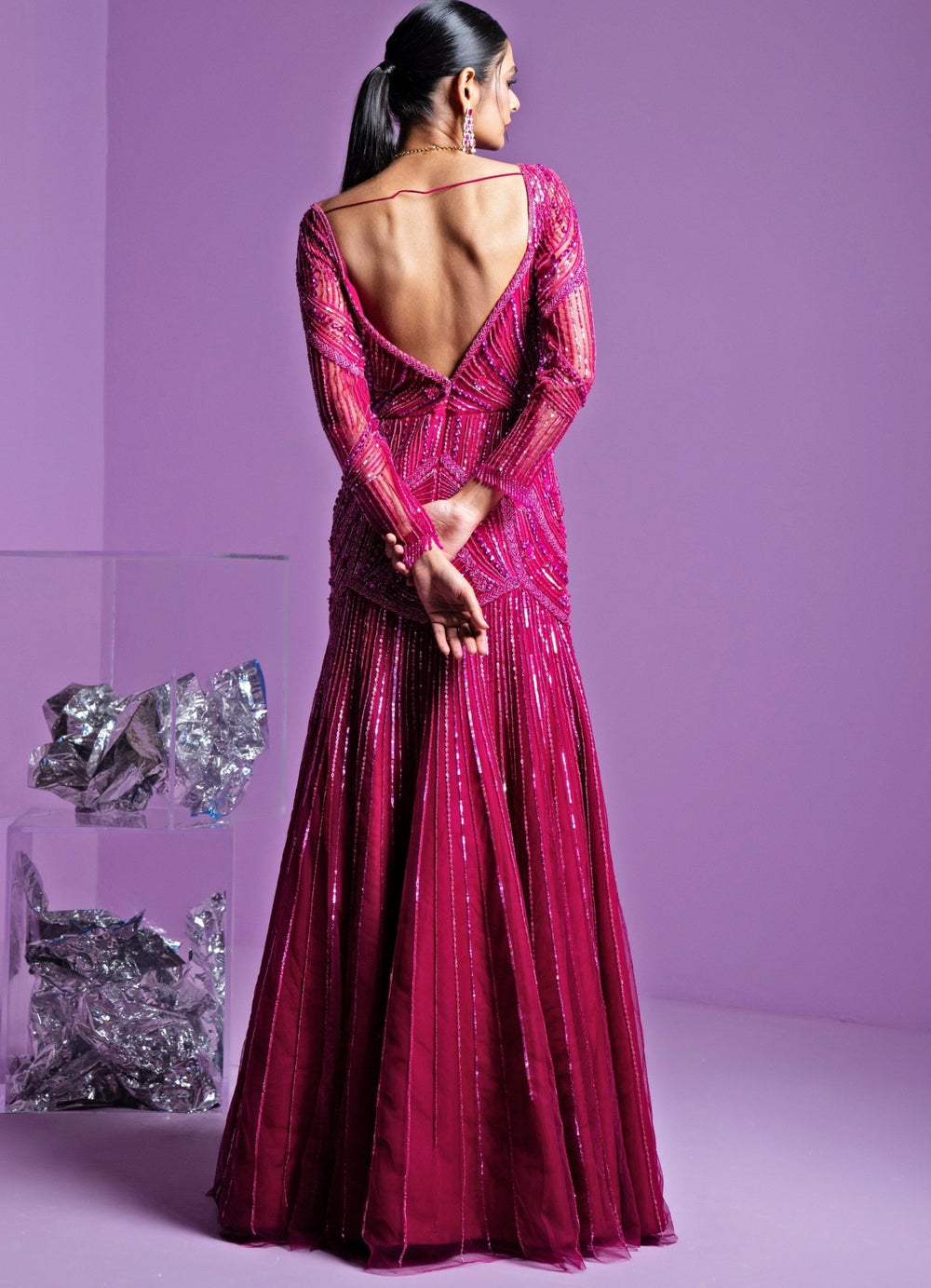 Rani Pink Mermaid Cut Flowy Gown Parul Gandhi - Fabilicious Fashion