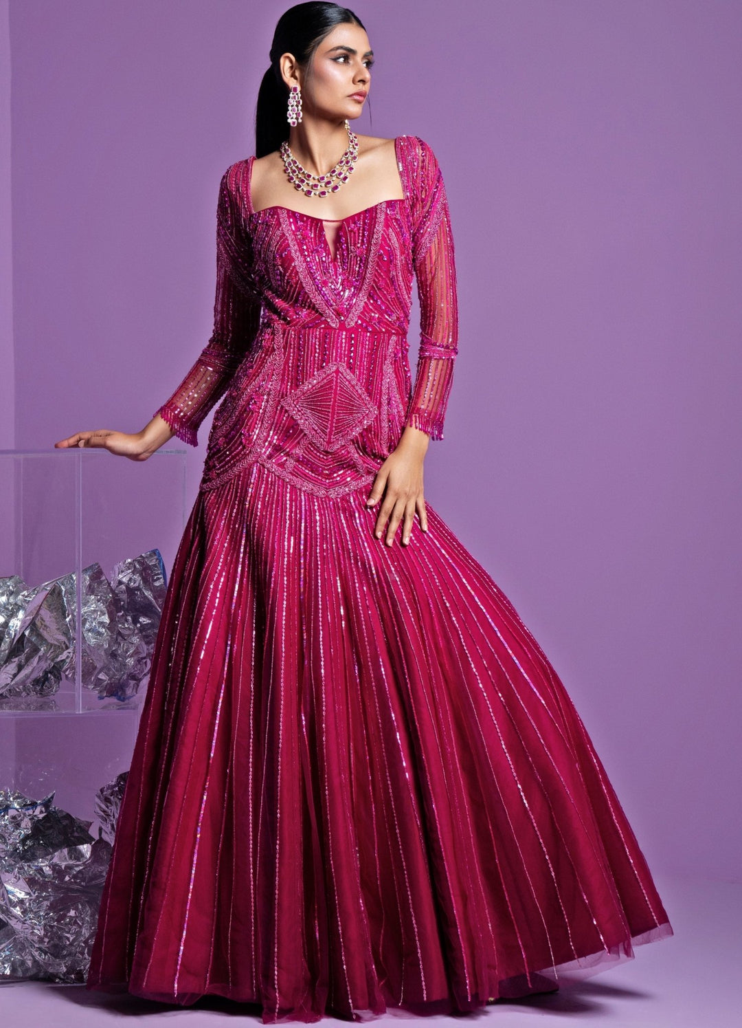 Rani Pink Mermaid Cut Flowy Gown Parul Gandhi - Fabilicious Fashion