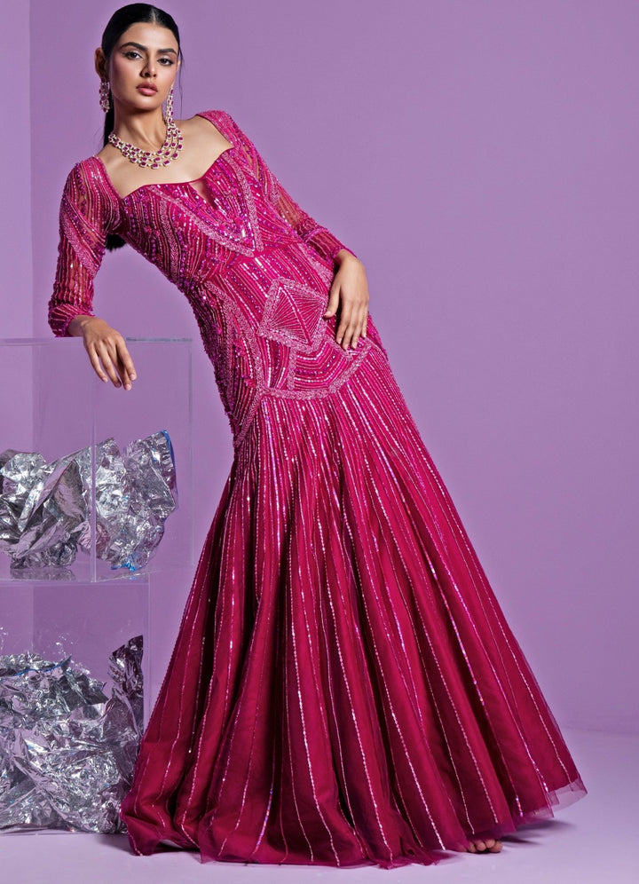 Rani Pink Mermaid Cut Flowy Gown Parul Gandhi - Fabilicious Fashion