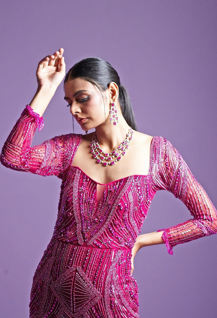 Rani Pink Mermaid Cut Flowy Gown Parul Gandhi - Fabilicious Fashion