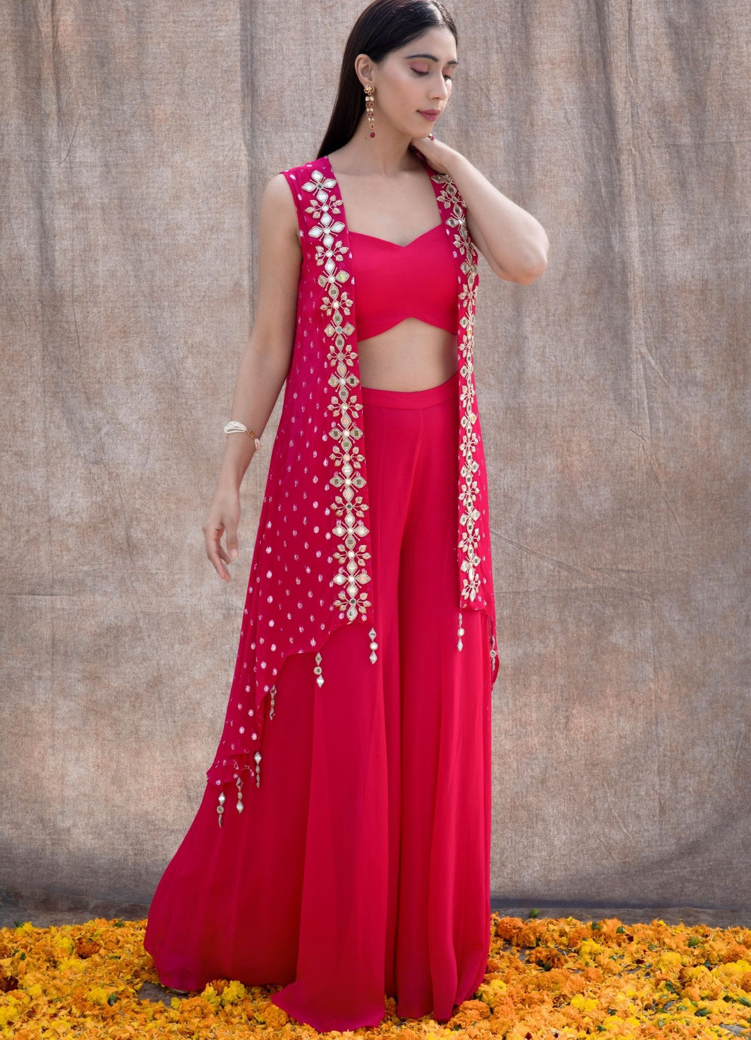 Rani Pink Mirror Cape Set Silky Bindra - Fabilicious Fashion