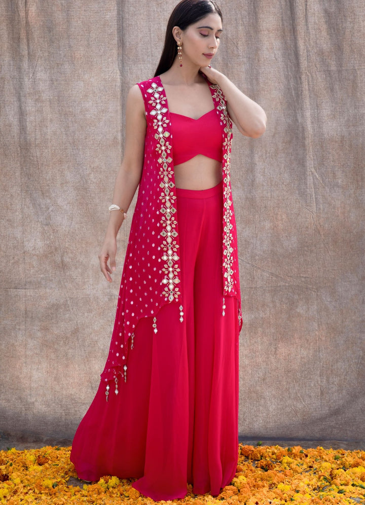 Rani Pink Mirror Cape Set Silky Bindra - Fabilicious Fashion