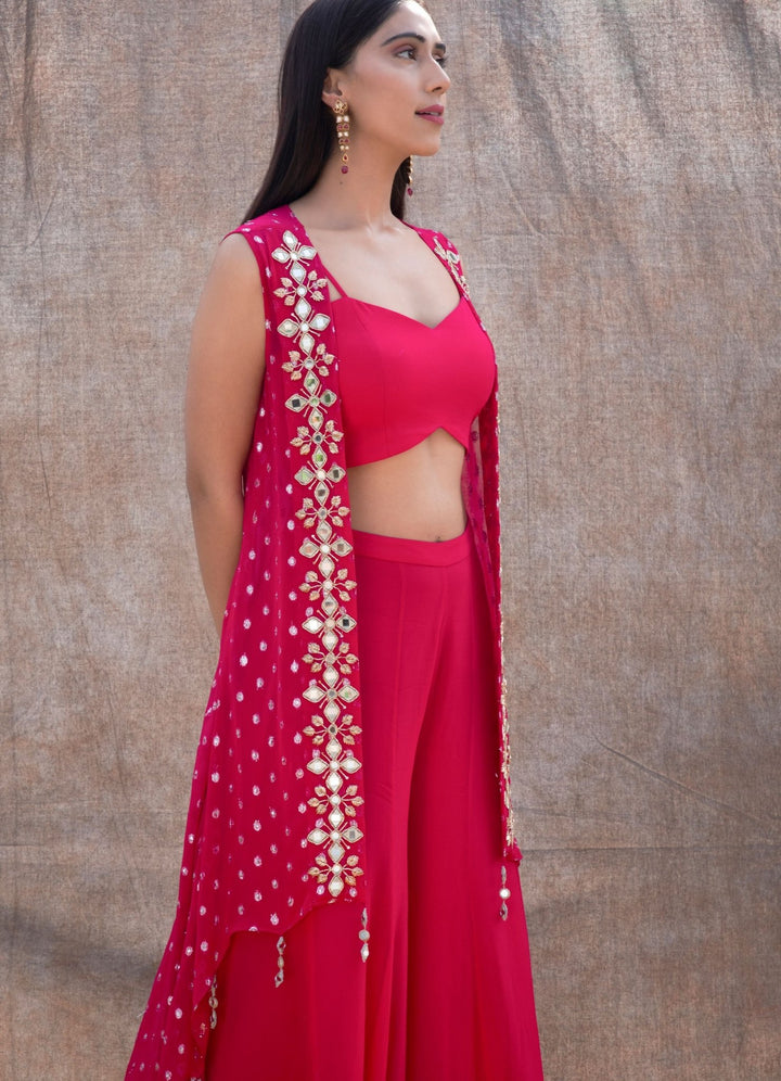 Rani Pink Mirror Cape Set Silky Bindra - Fabilicious Fashion