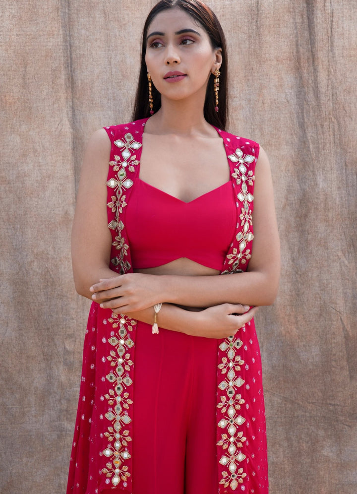 Rani Pink Mirror Cape Set Silky Bindra - Fabilicious Fashion