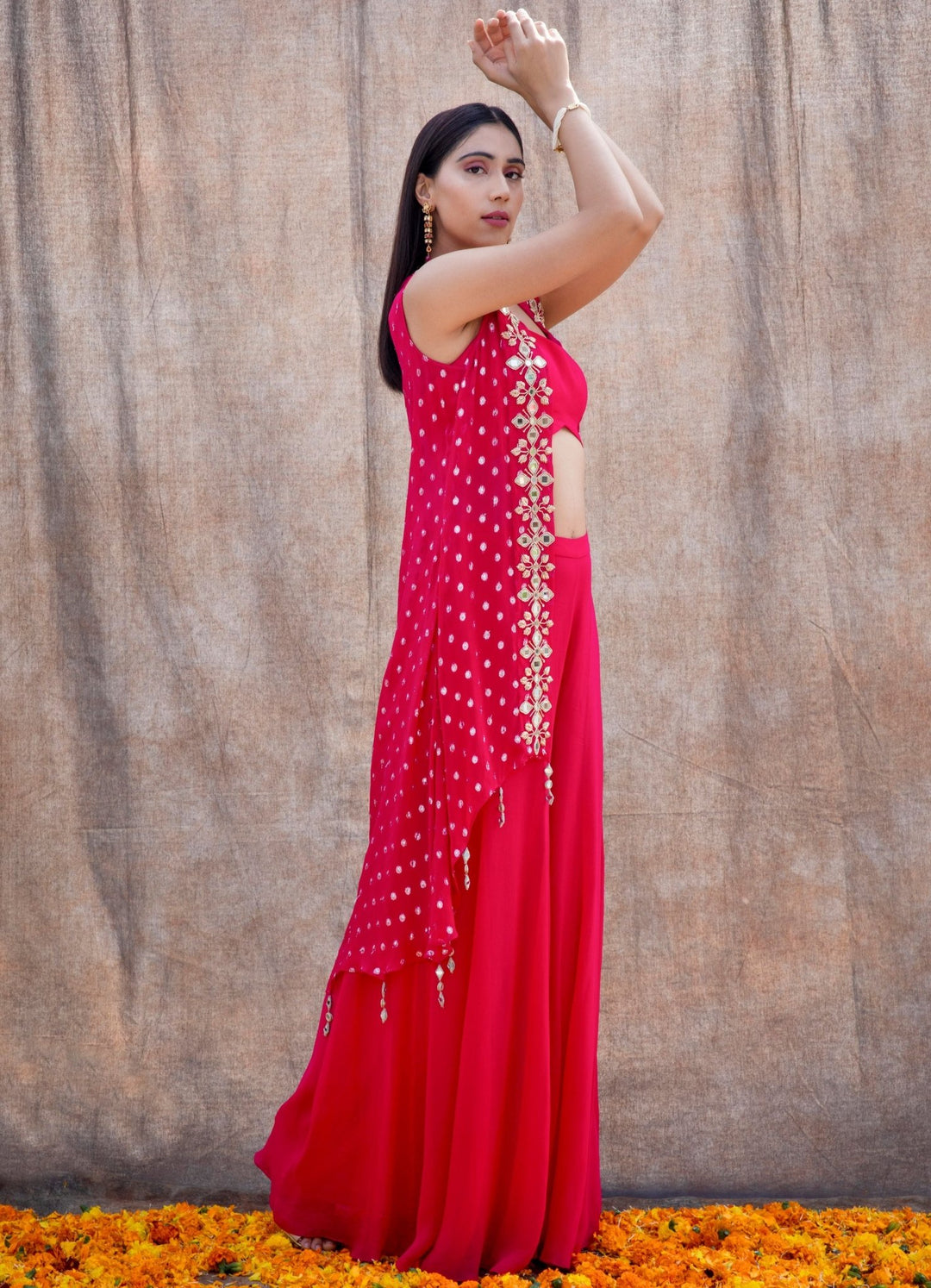 Rani Pink Mirror Cape Set Silky Bindra - Fabilicious Fashion