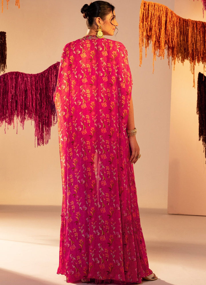 Rani Pink Printed Cape With Embroidered Blouse And Printed Straight Pants Silky Bindra - Fabilicious Fashion