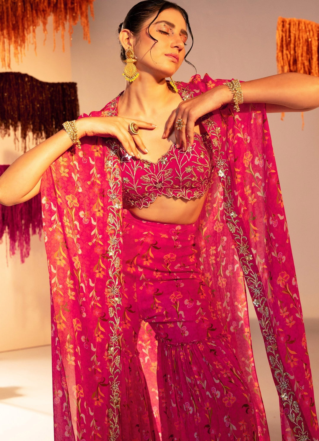 Rani Pink Printed Cape With Embroidered Blouse And Printed Straight Pants Silky Bindra - Fabilicious Fashion
