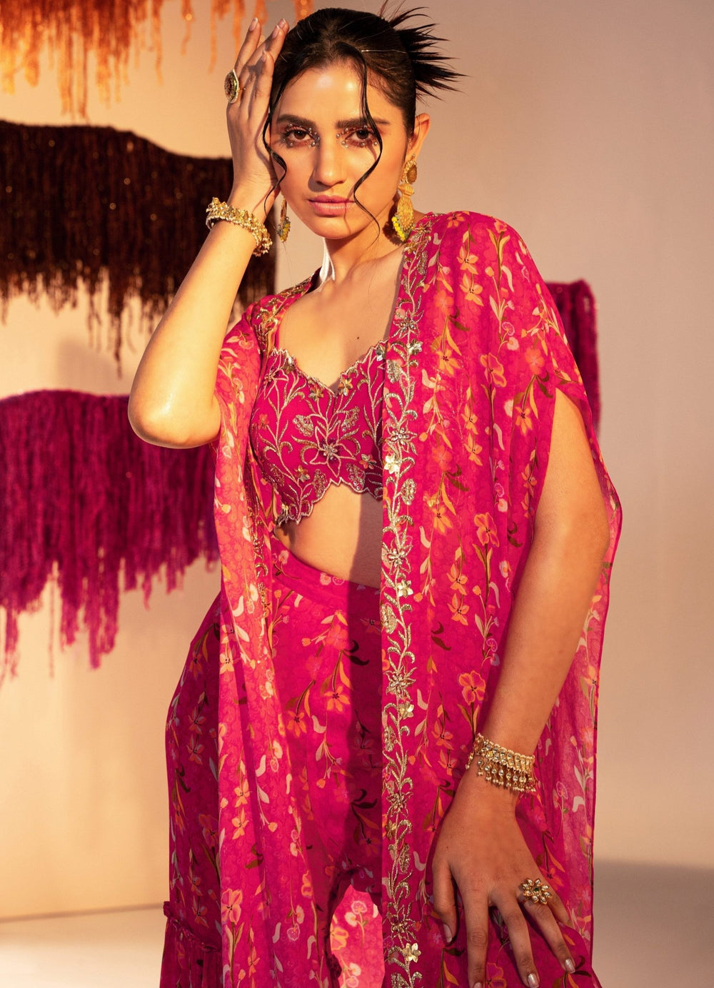 Rani Pink Printed Cape With Embroidered Blouse And Printed Straight Pants Silky Bindra - Fabilicious Fashion