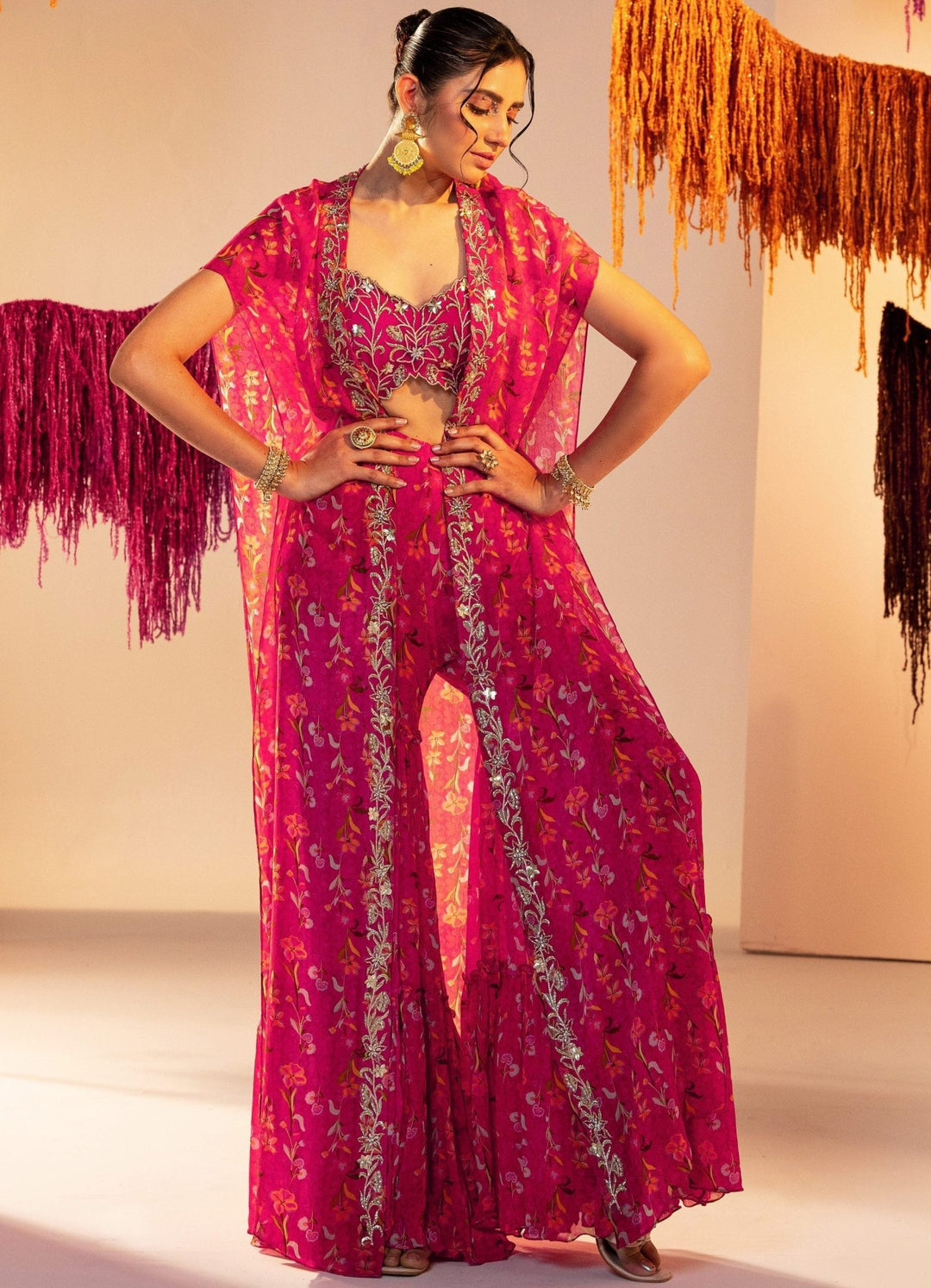 Rani Pink Printed Cape With Embroidered Blouse And Printed Straight Pants Silky Bindra - Fabilicious Fashion