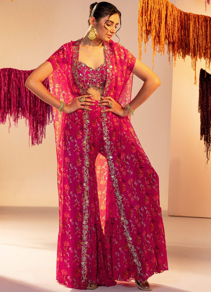Rani Pink Printed Cape With Embroidered Blouse And Printed Straight Pants Silky Bindra - Fabilicious Fashion