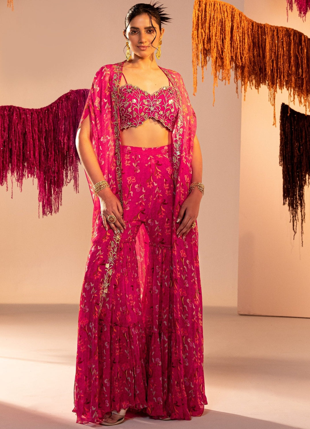 Rani Pink Printed Cape With Embroidered Blouse And Printed Straight Pants Silky Bindra - Fabilicious Fashion