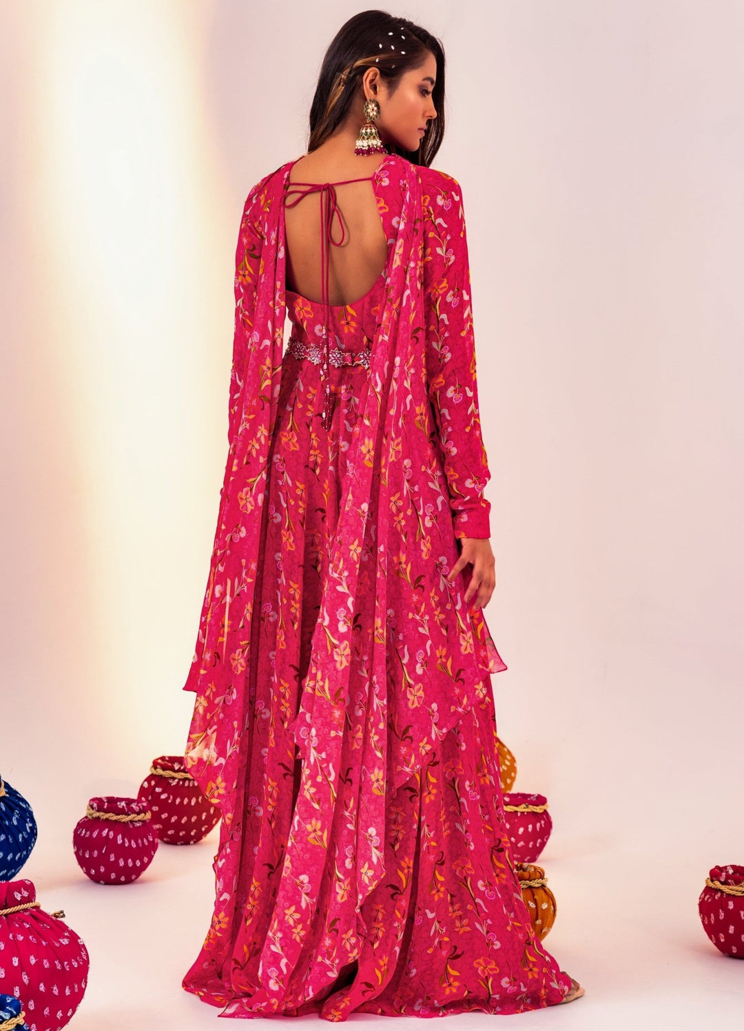 Rani Pink Printed Georgette Anarkali Set With Belt Silky Bindra - Fabilicious Fashion