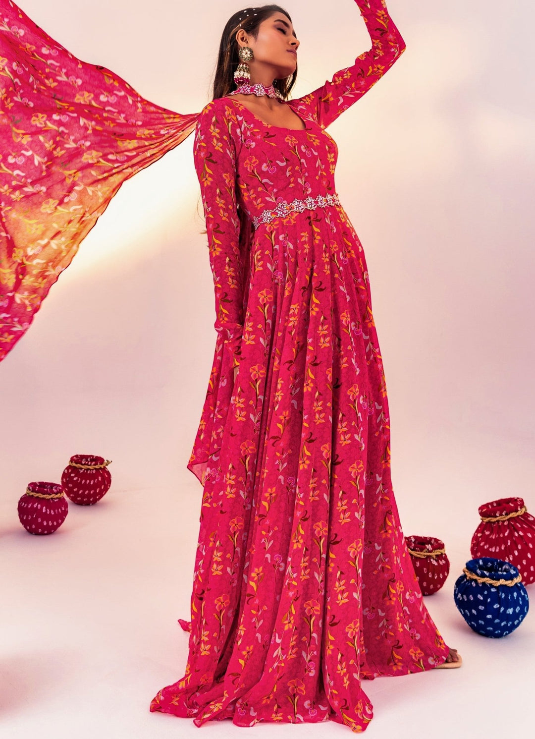 Rani Pink Printed Georgette Anarkali Set With Belt Silky Bindra - Fabilicious Fashion