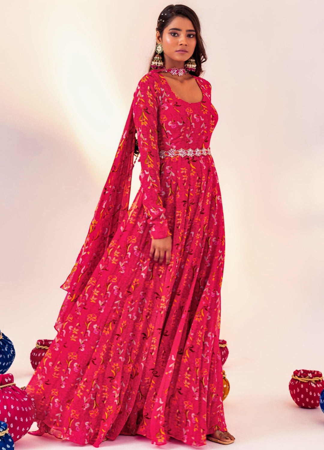 Rani Pink Printed Georgette Anarkali Set With Belt Silky Bindra - Fabilicious Fashion
