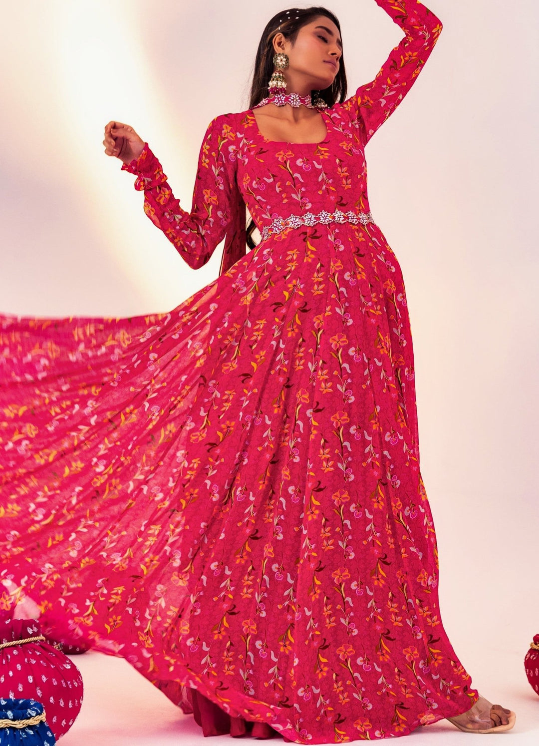 Rani Pink Printed Georgette Anarkali Set With Belt Silky Bindra - Fabilicious Fashion