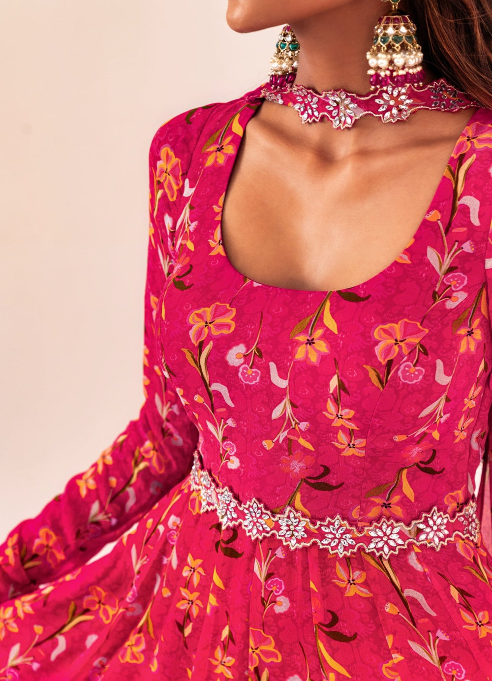 Rani Pink Printed Georgette Anarkali Set With Belt Silky Bindra - Fabilicious Fashion