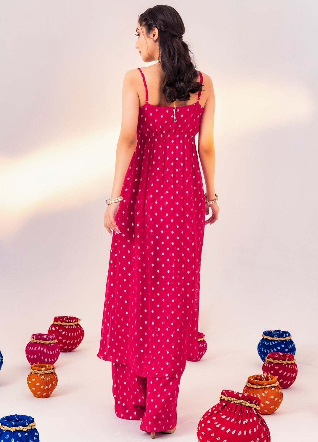 Rani Pink Printed Georgette Kurta Set With Pant Silky Bindra - Fabilicious Fashion